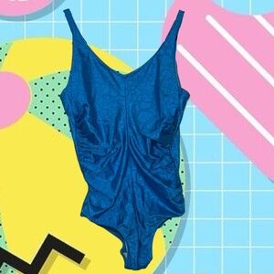 80s vintage blue one piece swimsuit with a ruched sides. NO DRY ROT IN ELASTIC